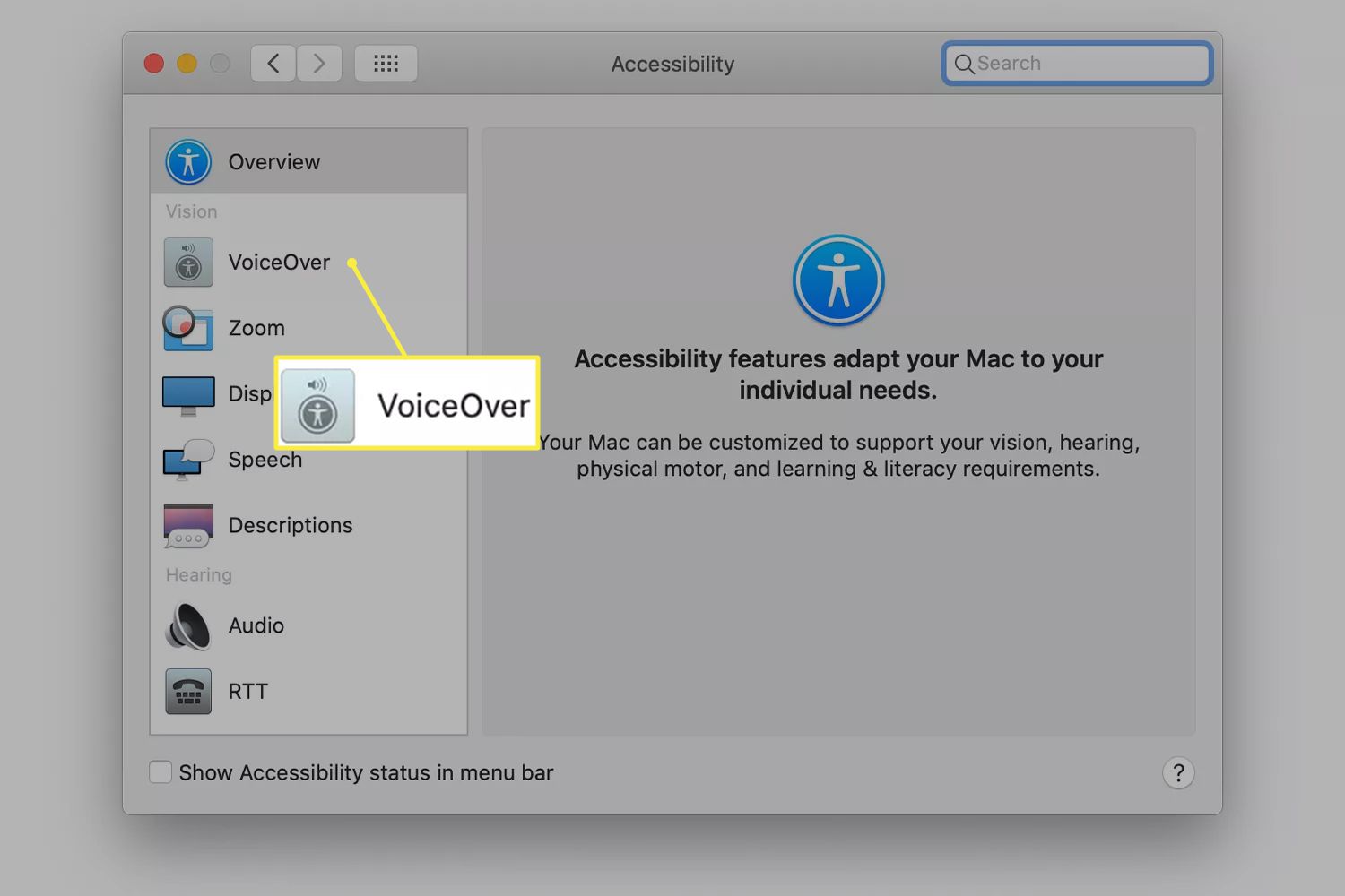 Možnost VoiceOver z nastavení usnadnění v macOS