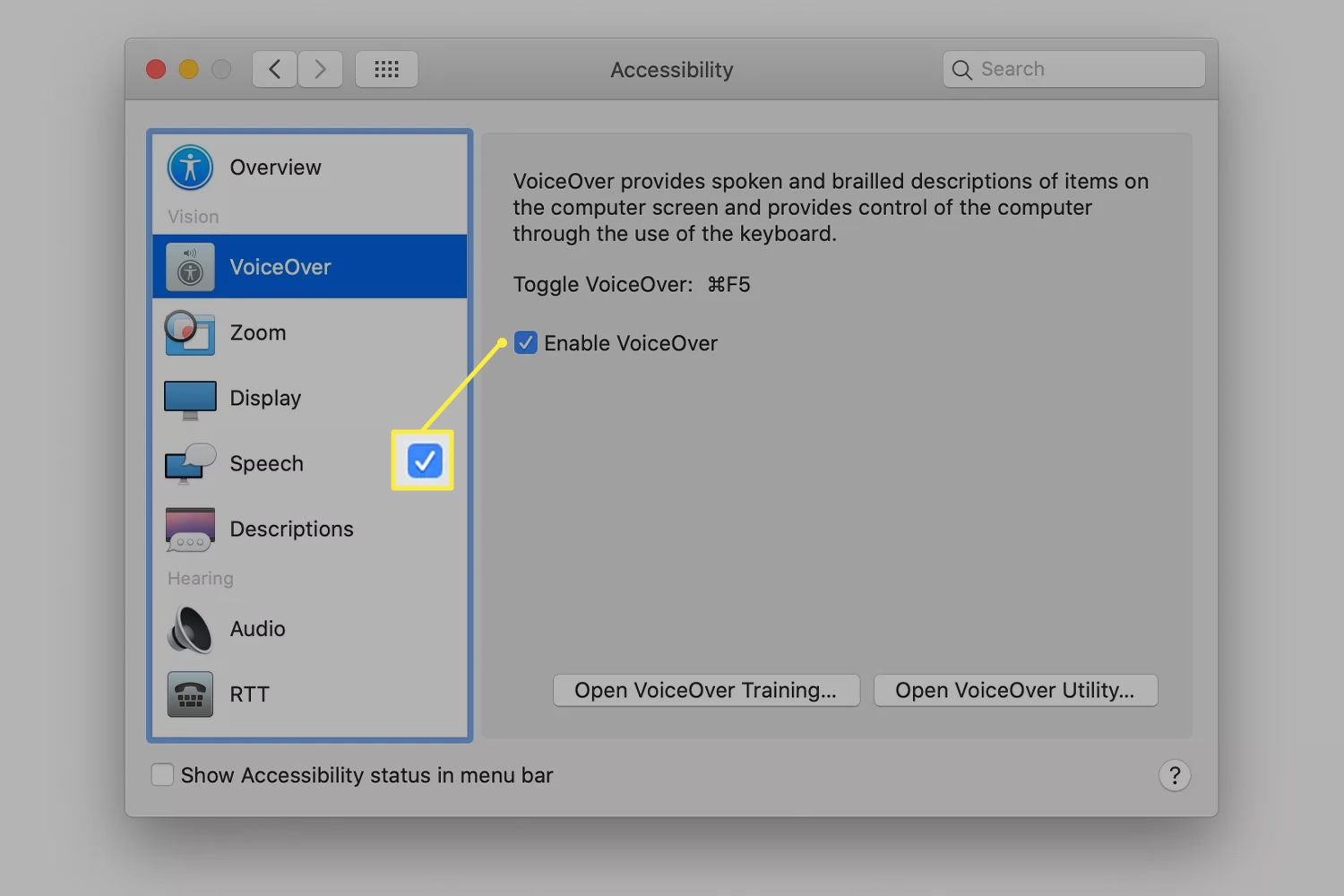 Zaškrtávací políčko Povolit VoiceOver z nastavení usnadnění systému macOS