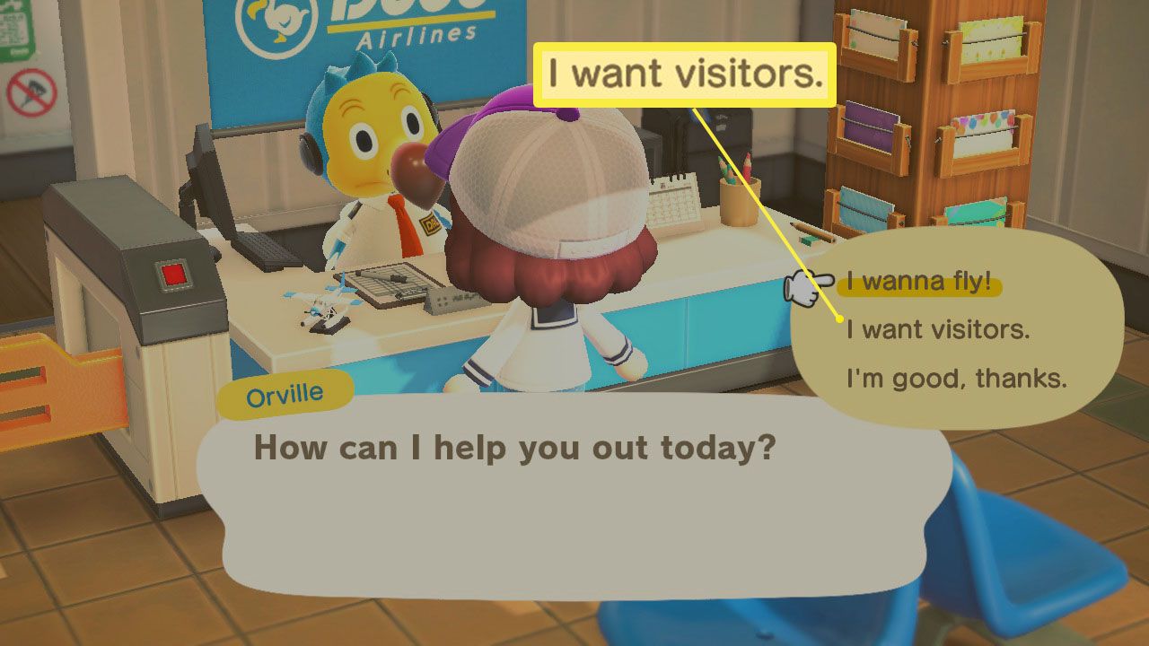 Chci návštěvnický dialog v Dodo's Airlines v Animal Crossing;  Nové obzory