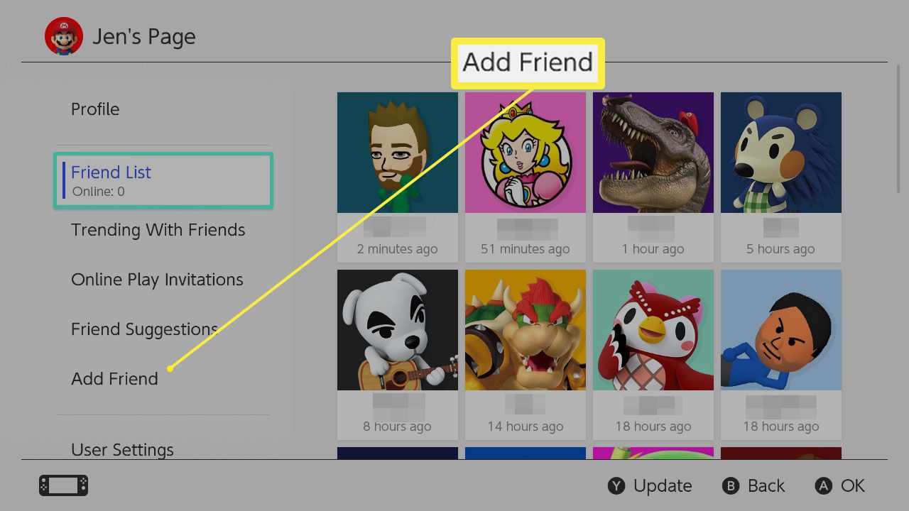 Přidat přítele zvýrazněné v uživatelském profilu Nintendo Switch