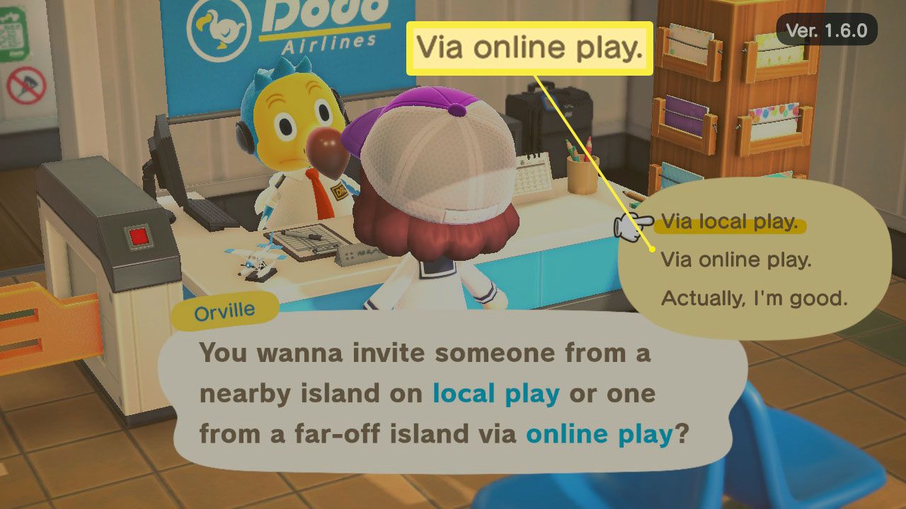 Prostřednictvím online hry na Dodo's Airlines ve hře Animal Crossing;  Nové obzory