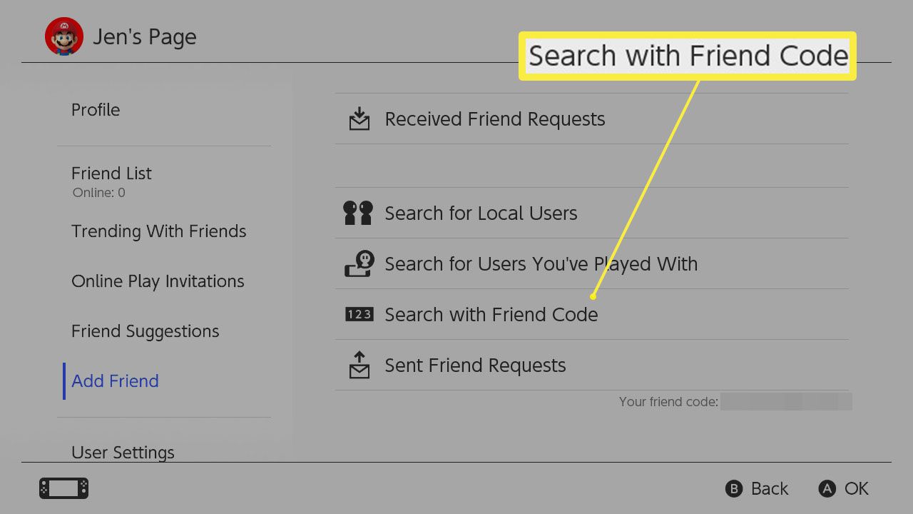 Hledání pomocí Friend Code zvýrazněného na stránce profilu uživatele Nintendo Switch