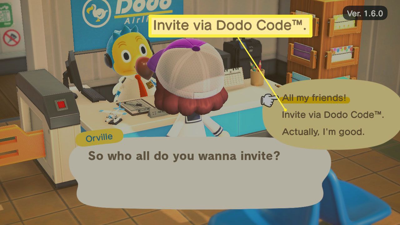 Pozvěte prostřednictvím dialogového okna kódu Dodo v Dodových leteckých společnostech ve hře Animal Crossing;  Nové obzory