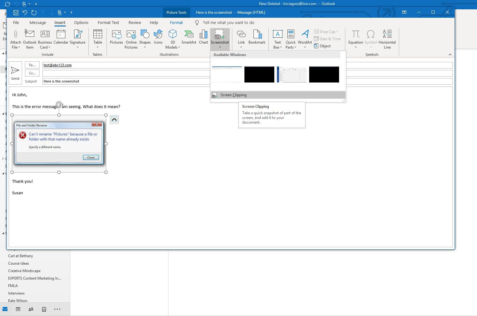 Screenshot z galerie Clipping screen v aplikaci Outlook, který ukazuje, jak poslat snímek obrazovky e-mailem
