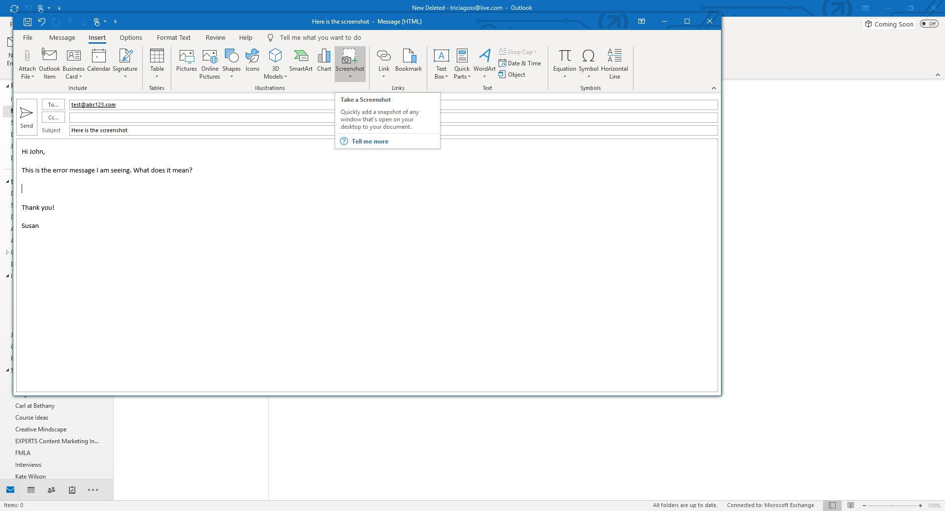 Screenshot z možnosti Screenshot v Outlooku