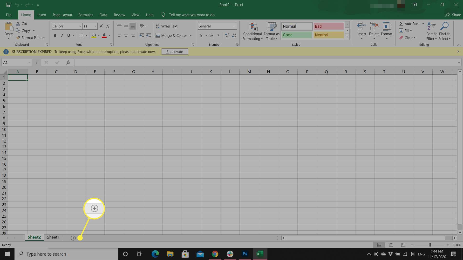 List aplikace Excel se zvýrazněnou ikonou Nový list