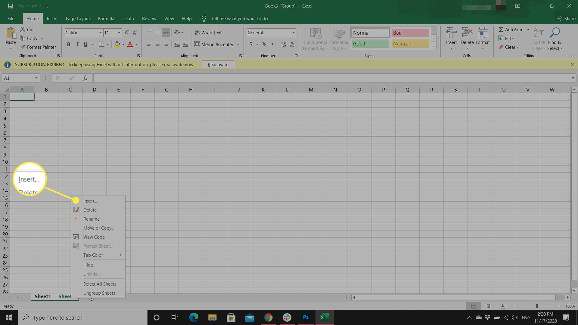 Uživatel aplikace Excel přidá více listů pomocí možnosti Vložit