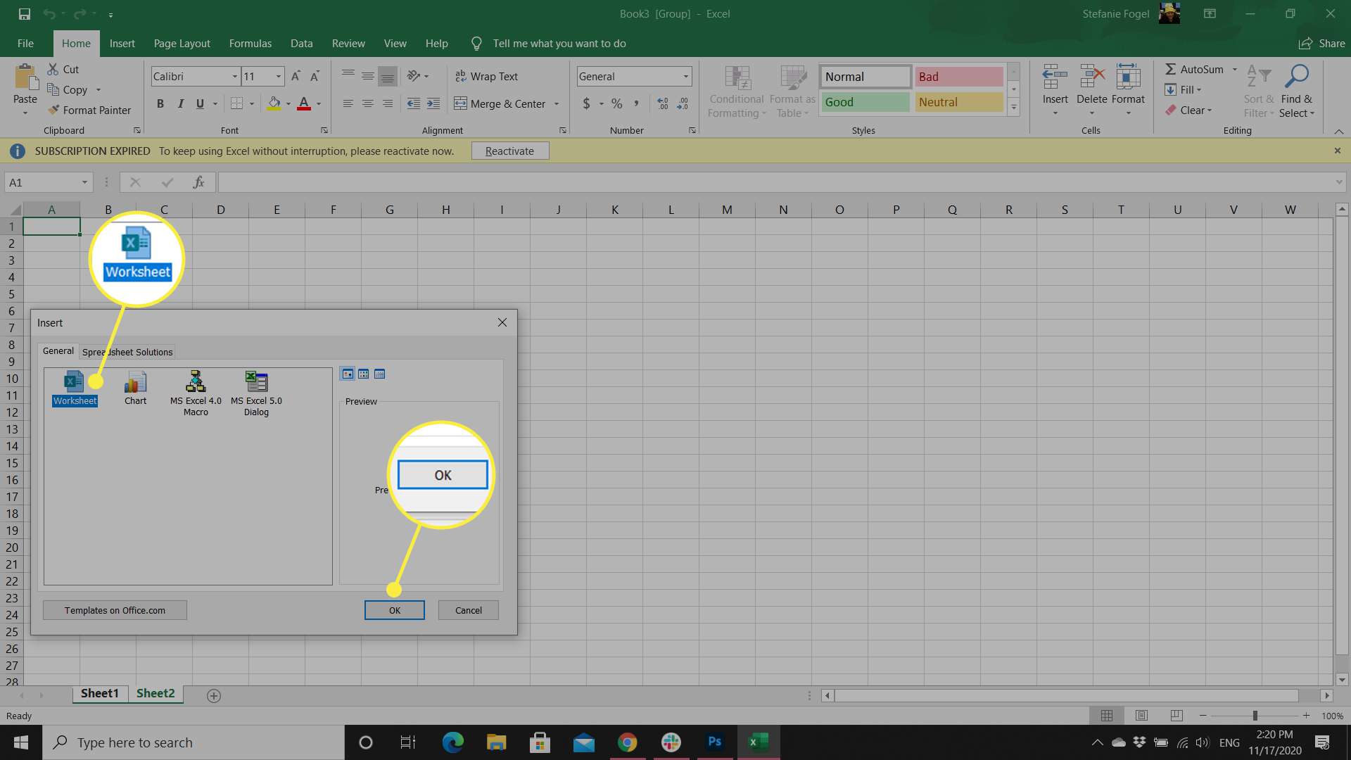 List aplikace Excel se zobrazeným dialogovým oknem Možnosti vložení