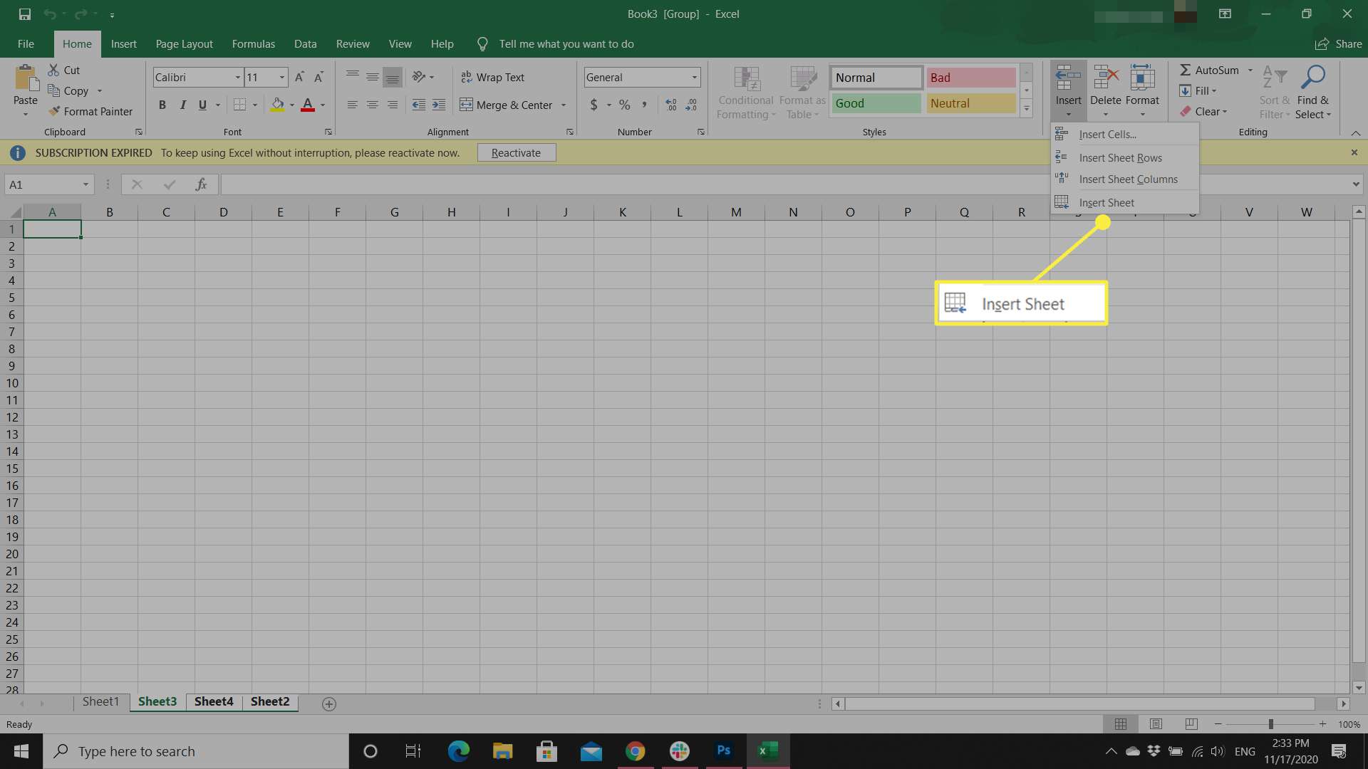 List aplikace Excel se zobrazenými možnostmi Vložit