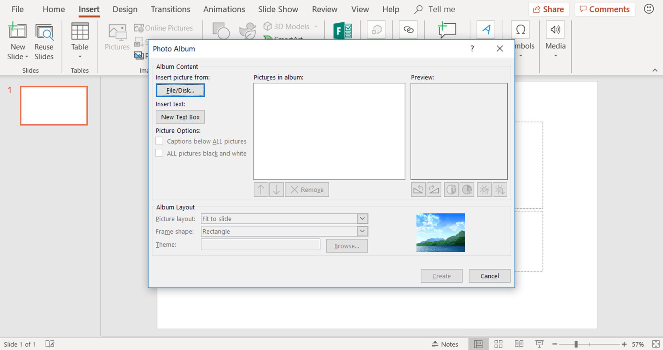 Snímek obrazovky zobrazující dialogové okno Fotoalbum v aplikaci PowerPoint