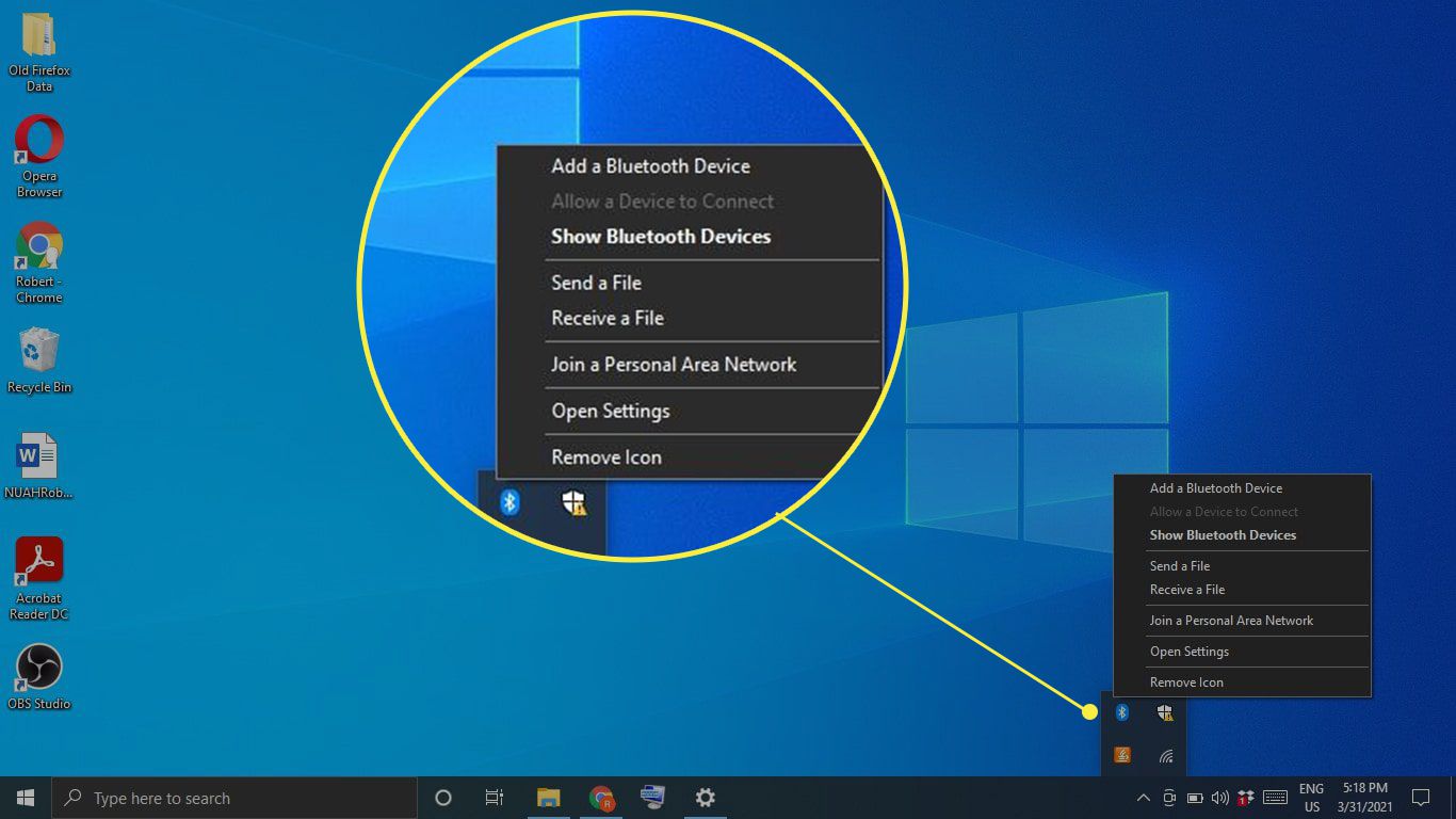 Ikona Bluetooth na hlavním panelu Windows a její možnosti jsou zvýrazněny
