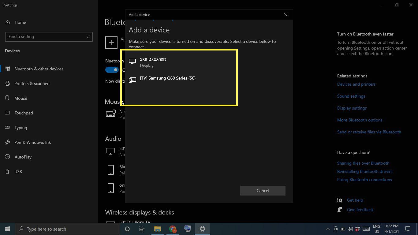 Zařízení Bluetooth v části Přidat zařízení v nastavení systému Windows 10