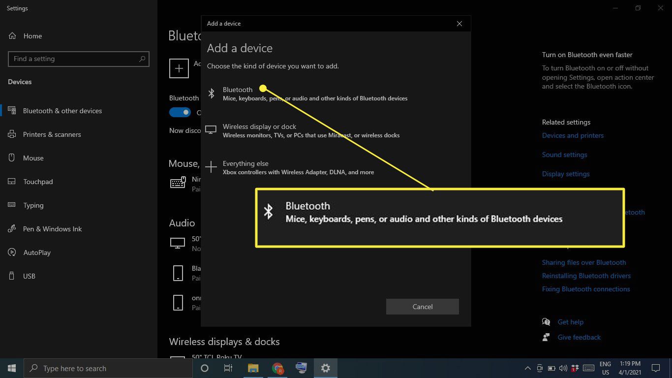  Bluetooth v části Přidat zařízení v nastavení Bluetooth ve Windows 10