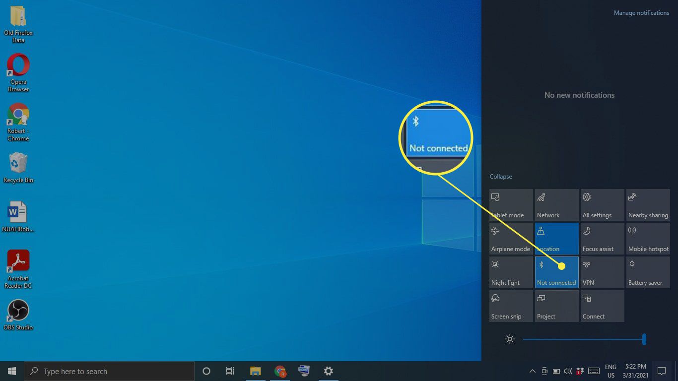 Ikona Bluetooth v centru akcí Windows 10
