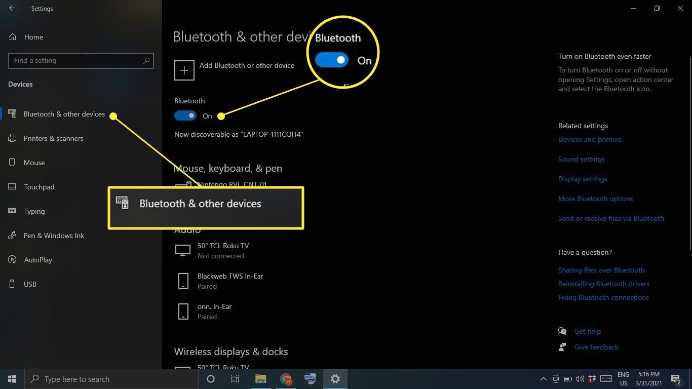 Přepínač Bluetooth v nastavení Bluetooth a dalších zařízeních v nastavení systému Windows