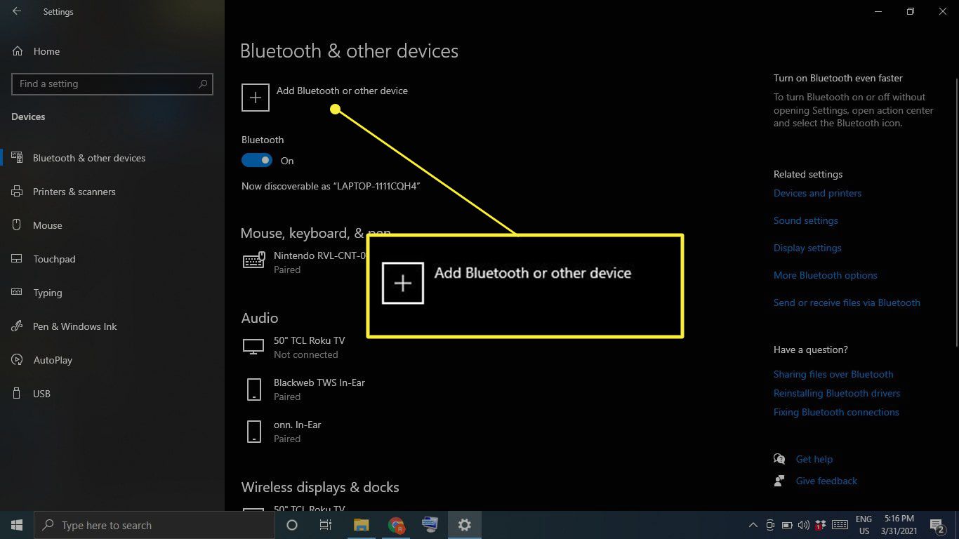 Přidejte Bluetooth nebo jiné zařízení v nastavení Bluetooth ve Windows 10