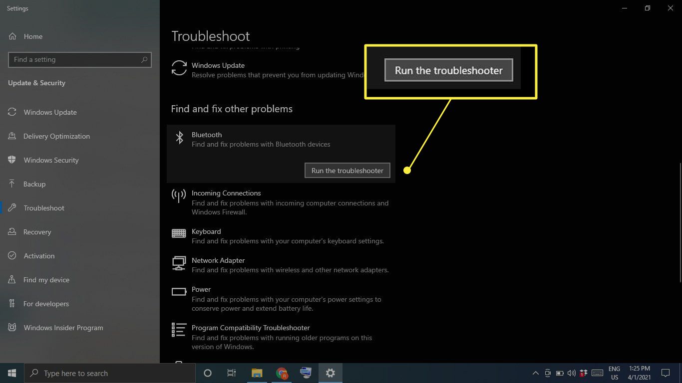 Spusťte Poradce při potížích v části Bluetooth v Poradci při potížích s Windows 10