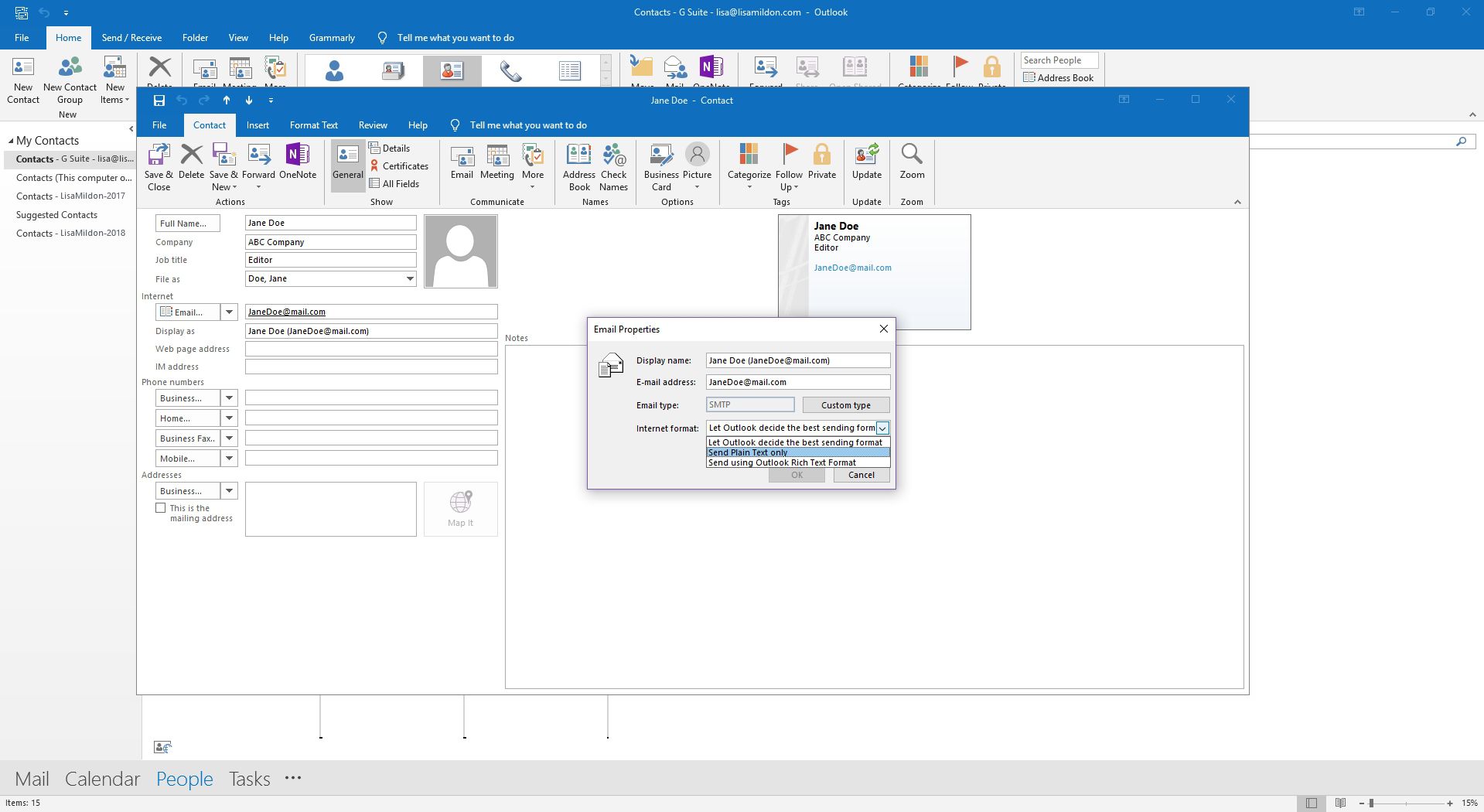Vlastnosti e-mailu aplikace Outlook pro jednotlivý kontakt.