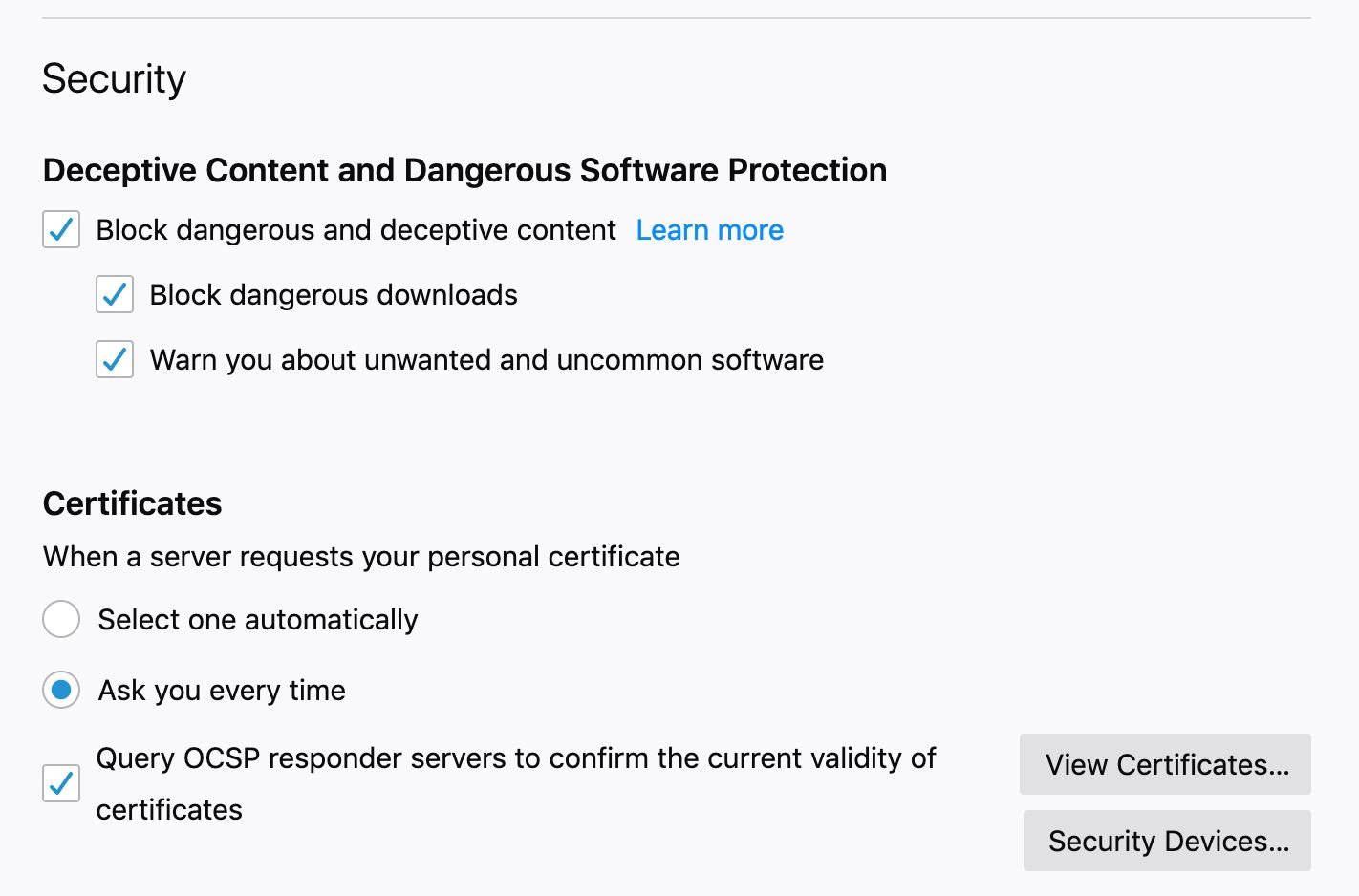 Sekce Zabezpečení Firefoxu Ochrana soukromí a zabezpečení
