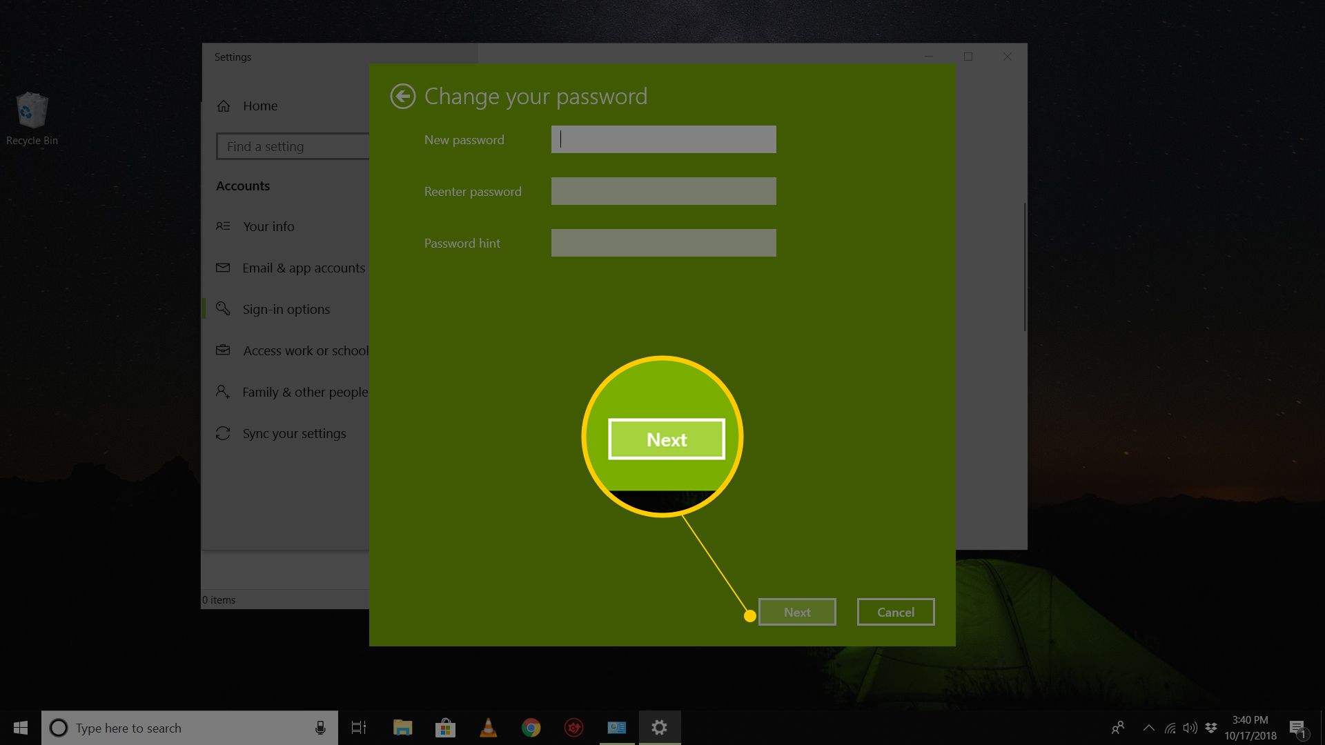 Prázdná pole pro nové heslo v dialogovém okně Změnit heslo ve Windows 10