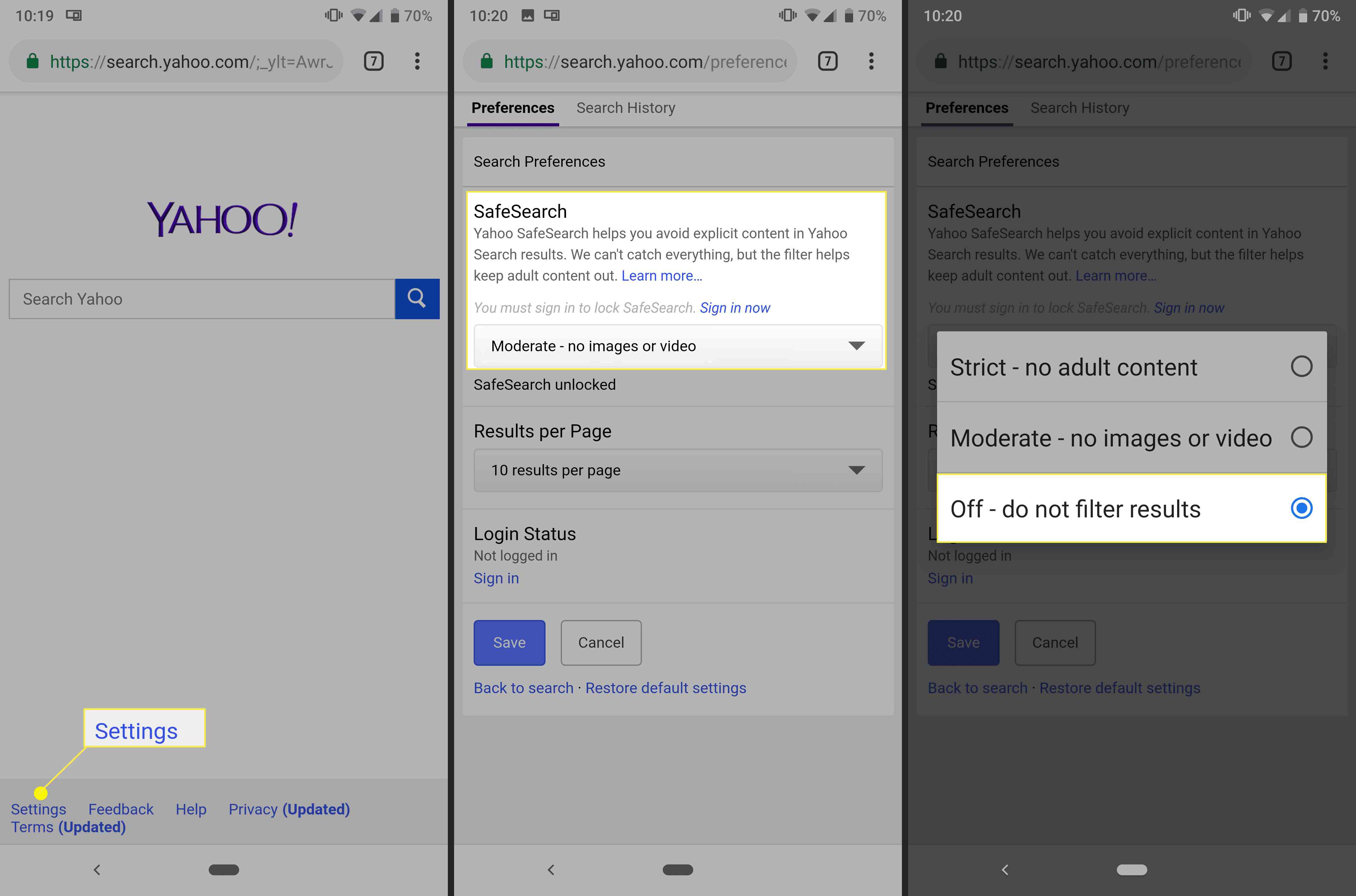 Vypnutí bezpečného vyhledávání Yahoo na Androidu / iPhone