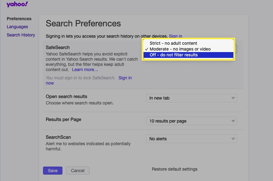 Předvolby vyhledávání Yahoo