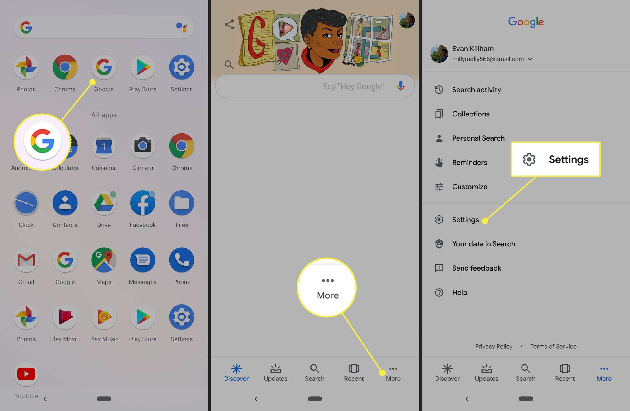 Další a nastavení v aplikaci Google pro Android