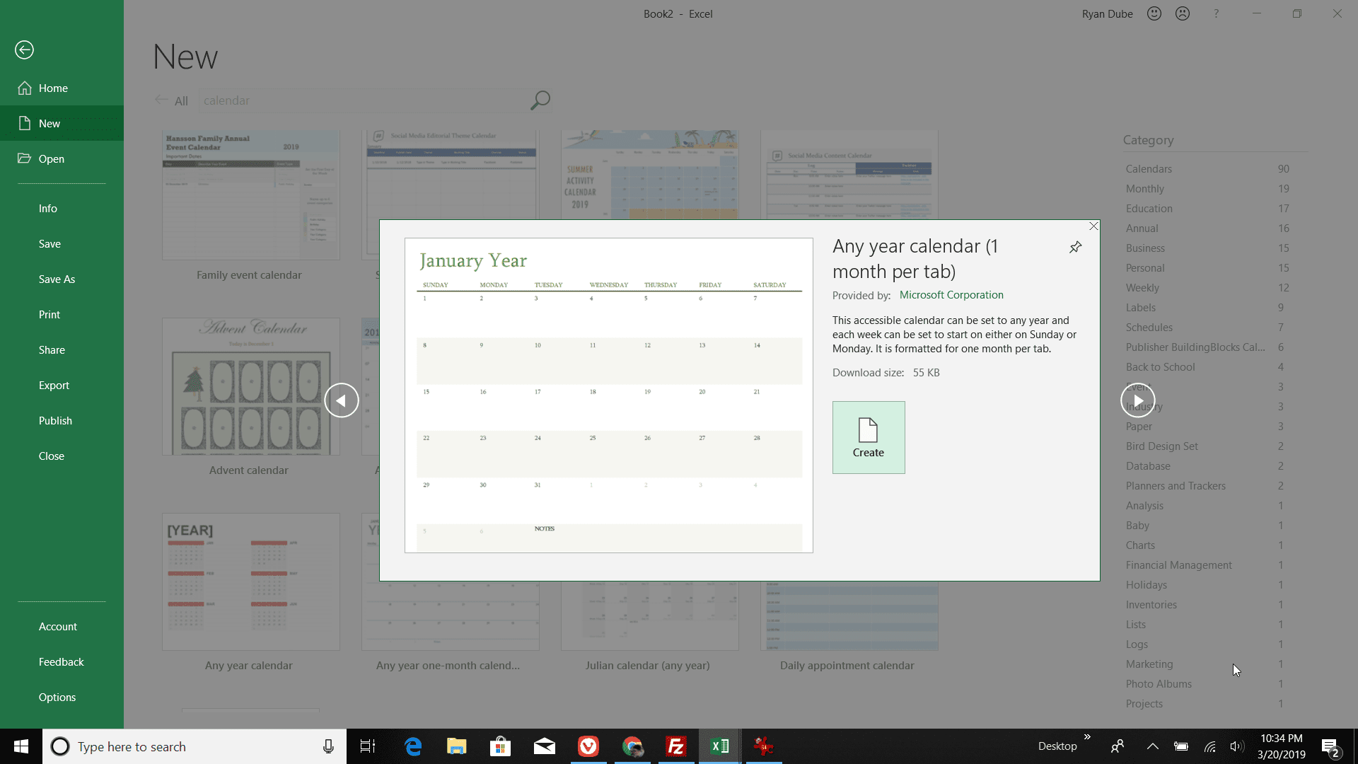Screenshot výběru šablony kalendáře v aplikaci Excel