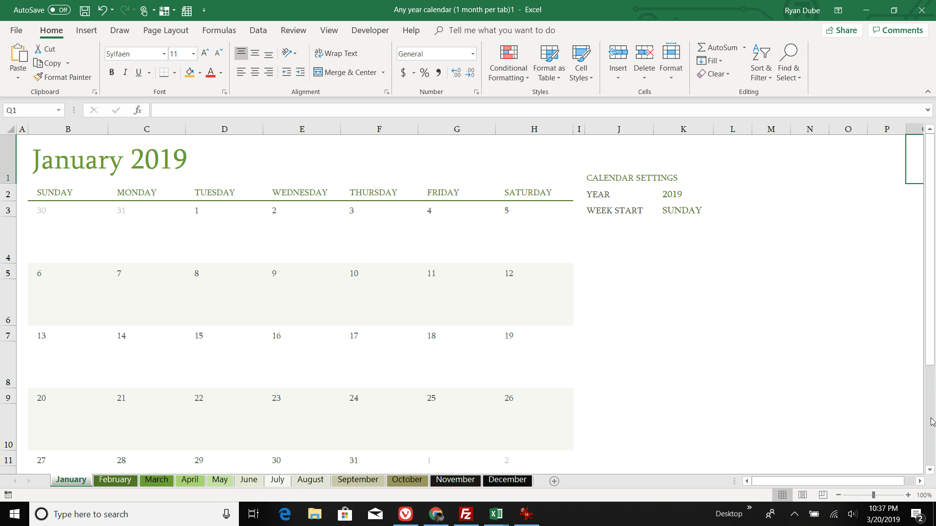 Screenshot použití šablony kalendáře v aplikaci Excel