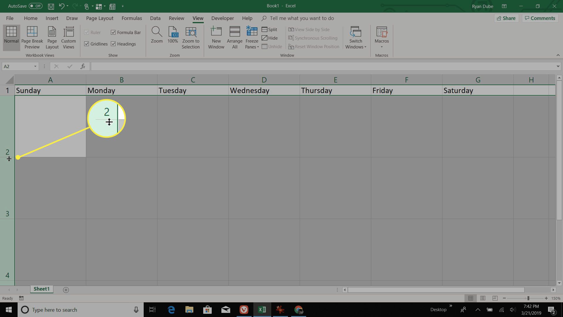 úprava výšek řádků kalendáře v aplikaci Excel