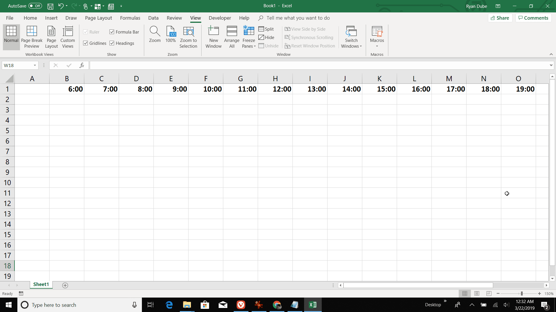 Screenshot vytvoření hodinového řádku záhlaví v aplikaci Excel
