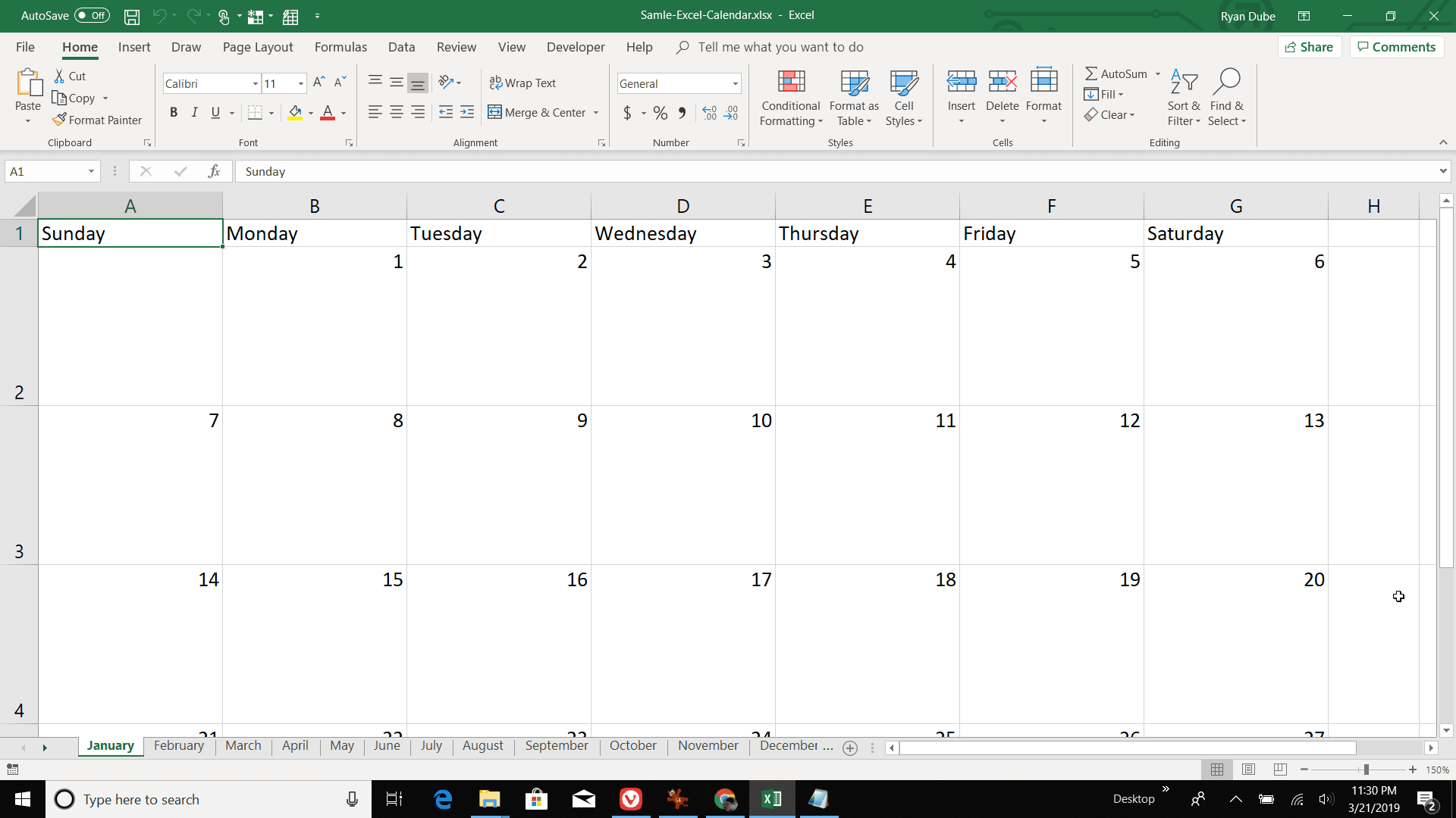 Screenshot přidání všech měsíců do kalendáře aplikace Excel