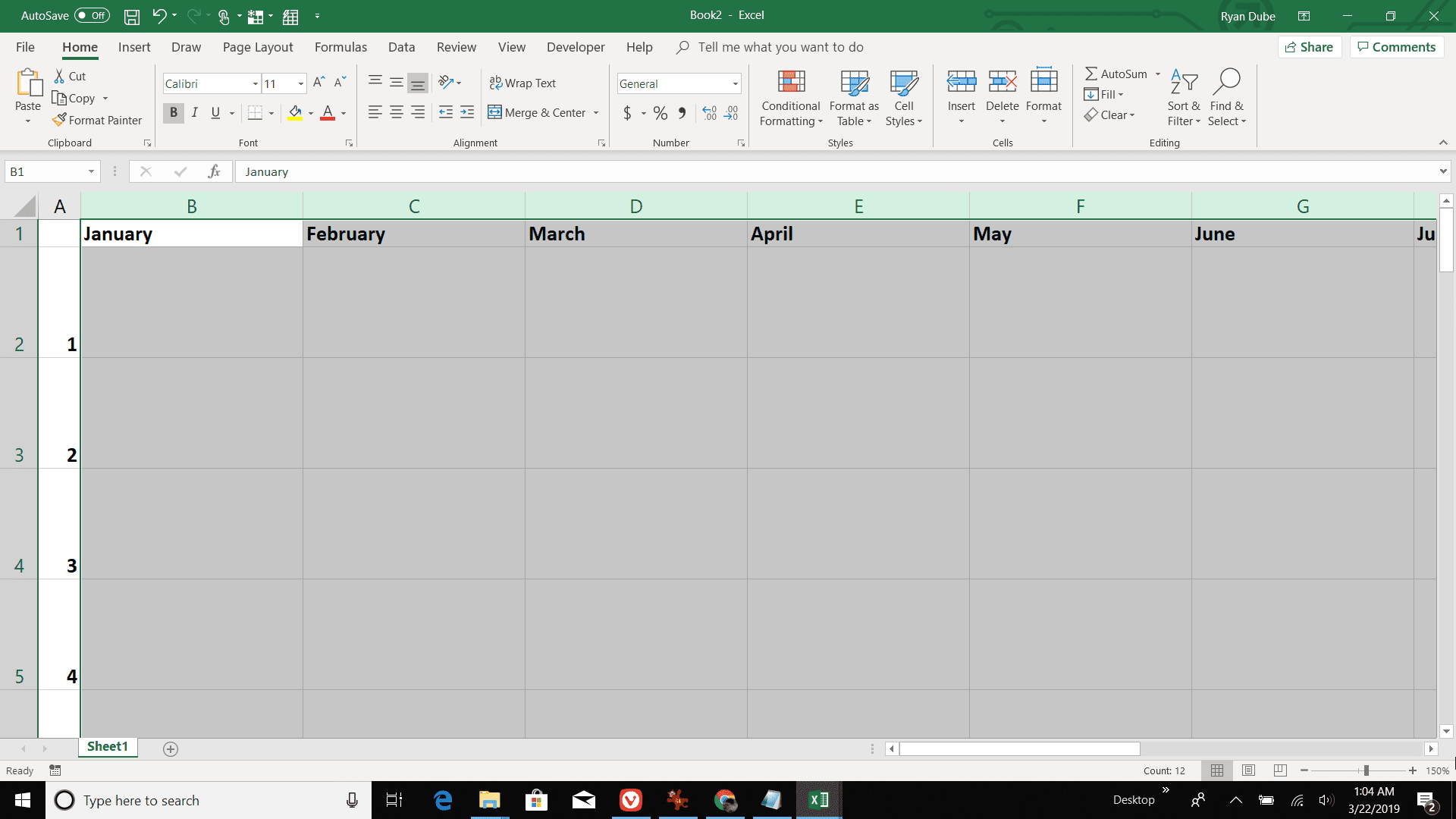 Screenshot změny velikosti měsíčních sloupců v aplikaci Excel