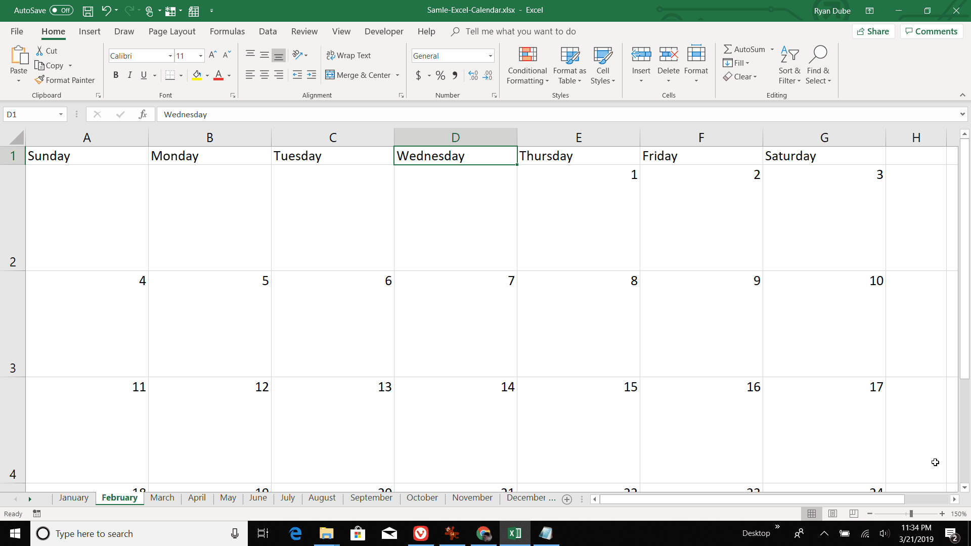 Screenshot číslování dnů v únoru v aplikaci Excel
