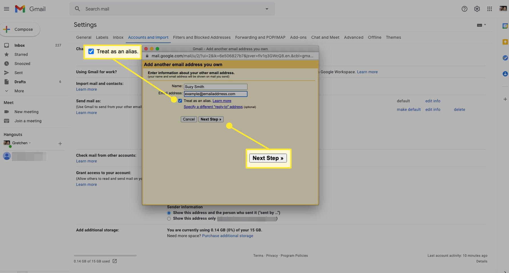 Přidejte do Gmailu obrazovku s e-mailovou adresou se zaškrtnutým políčkem a zvýrazněným „dalším krokem“