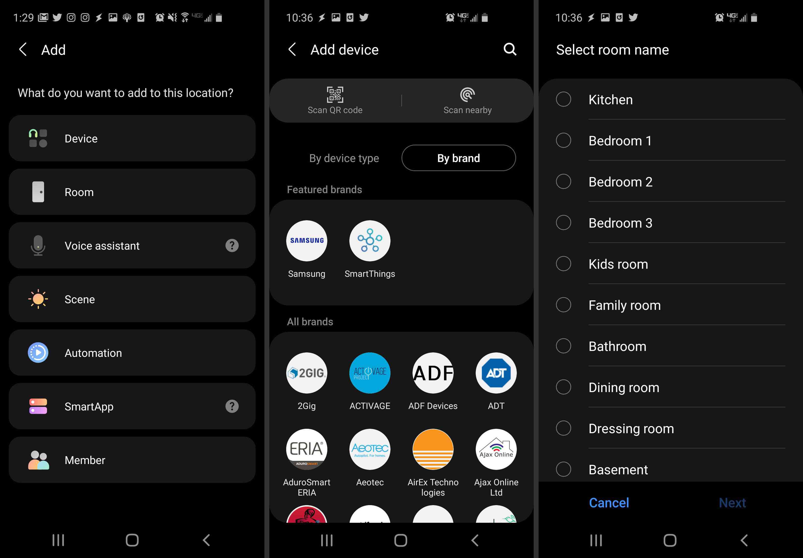 Více rozhraní aplikace SmartThings pro Android.