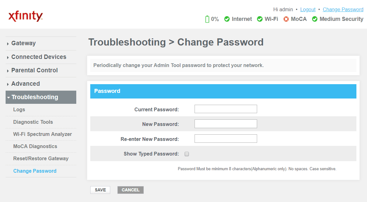 Screenshot změny hesla domácího routeru