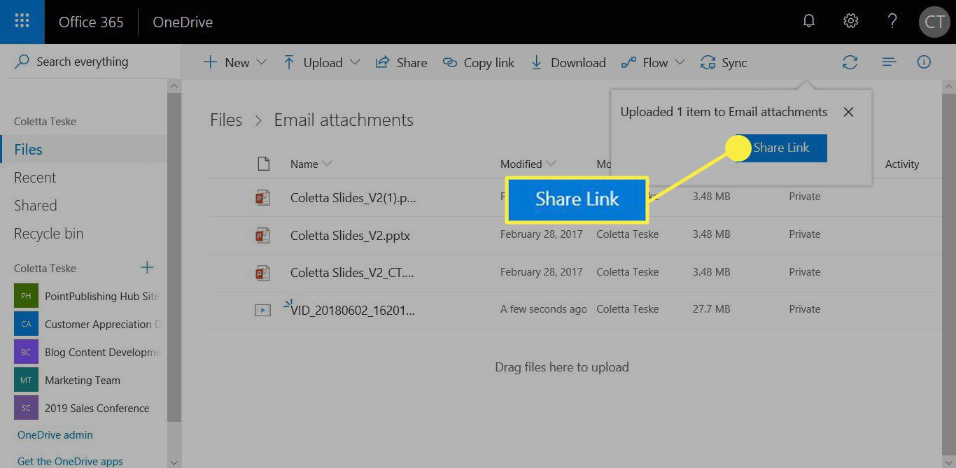 Snímek obrazovky ukazující, jak sdílet odkaz na video uložené na OneDrive