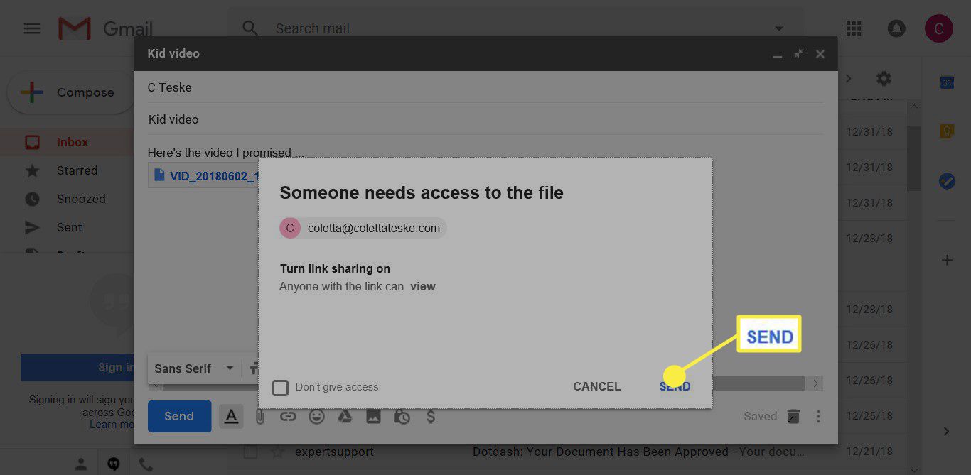 Snímek obrazovky ukazující, jak zapnout sdílení odkazů v Gmailu a na Disku Google