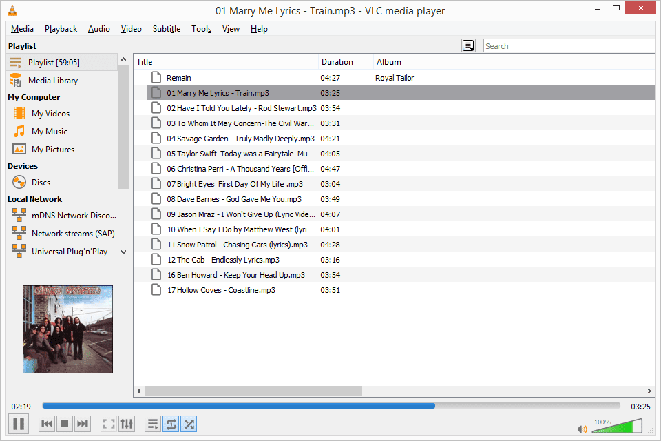 Screenshot z VLC pomocí souboru se seznamem skladeb M3U8