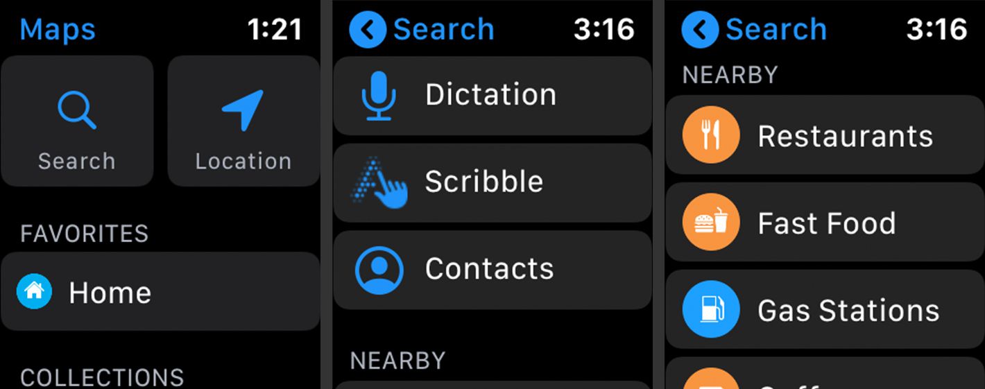 Možnosti vyhledávání v aplikaci Apple Watch Maps