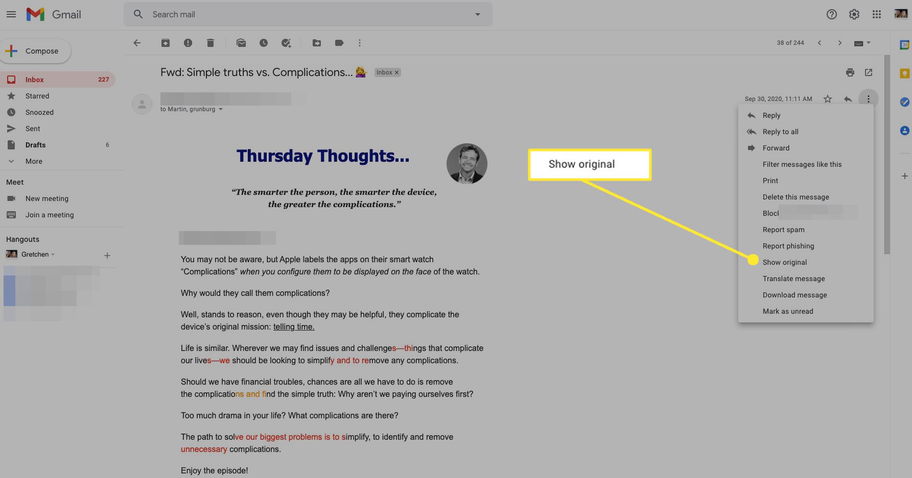 Možnosti zpráv v Gmailu se zvýrazněným „Zobrazit originál“