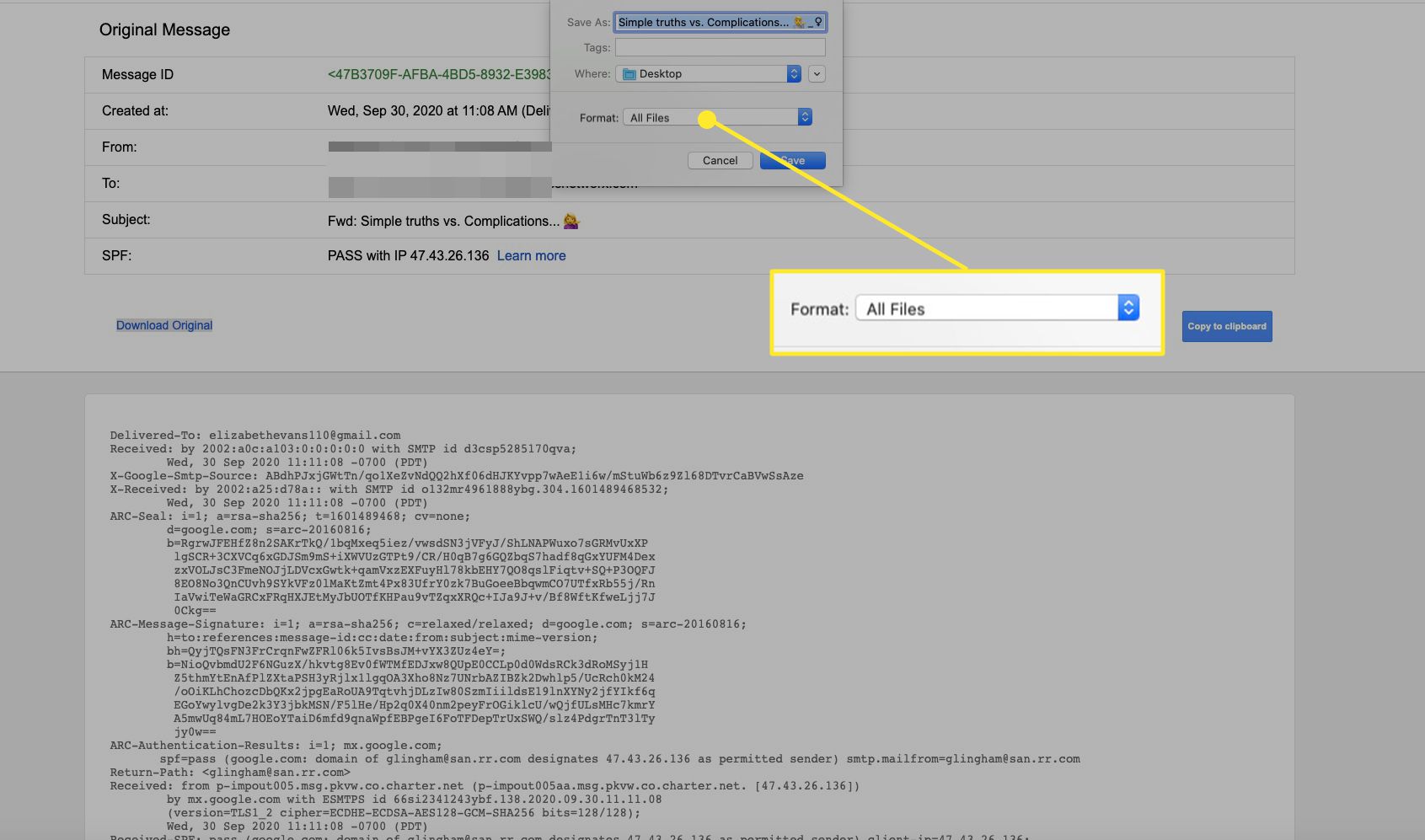 Dialogové okno „Uložit jako typ“ v Gmailu s poznámkami „Všechny soubory“