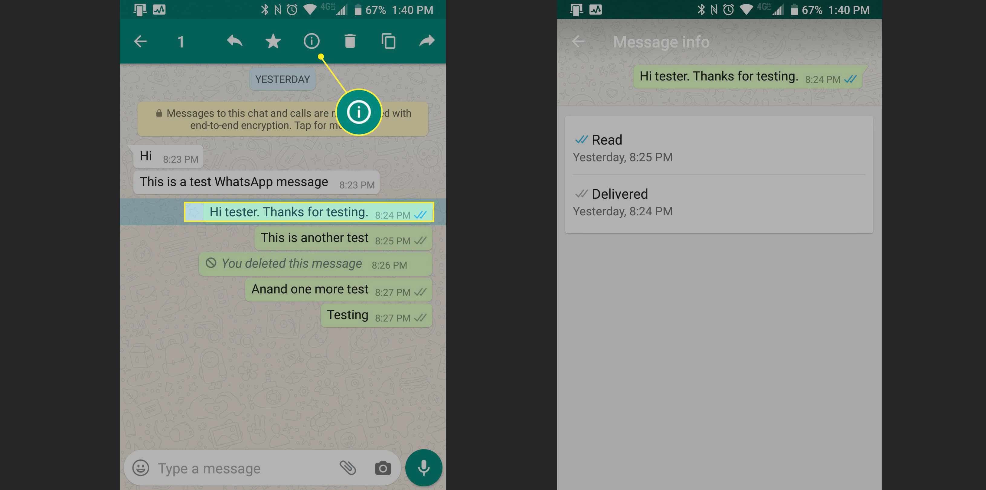 WhatsApp se zprávou vybranou a přečtenou a doručenou informací o čase