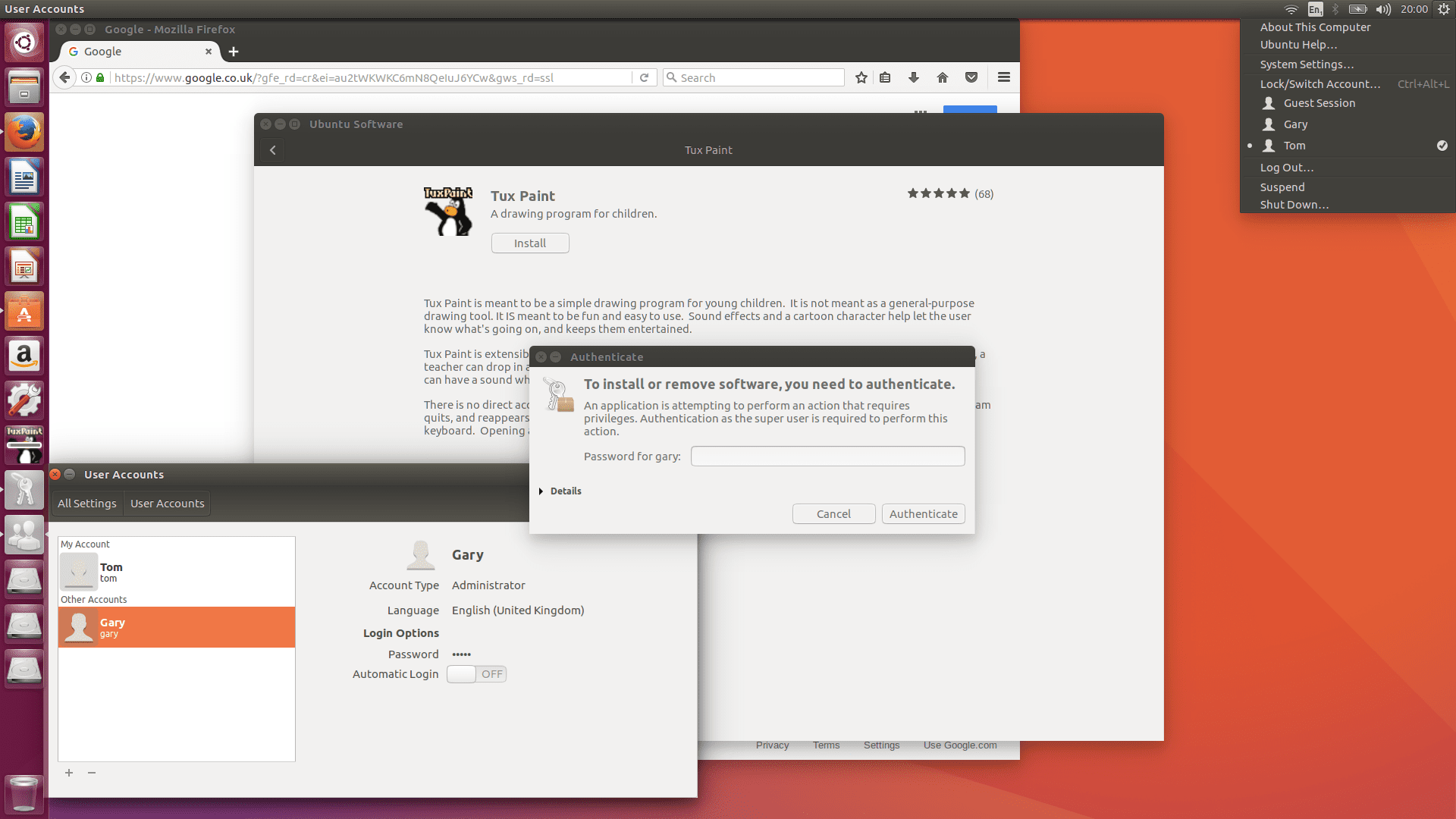 Výzva k ověření v Ubuntu k provedení privilegované akce