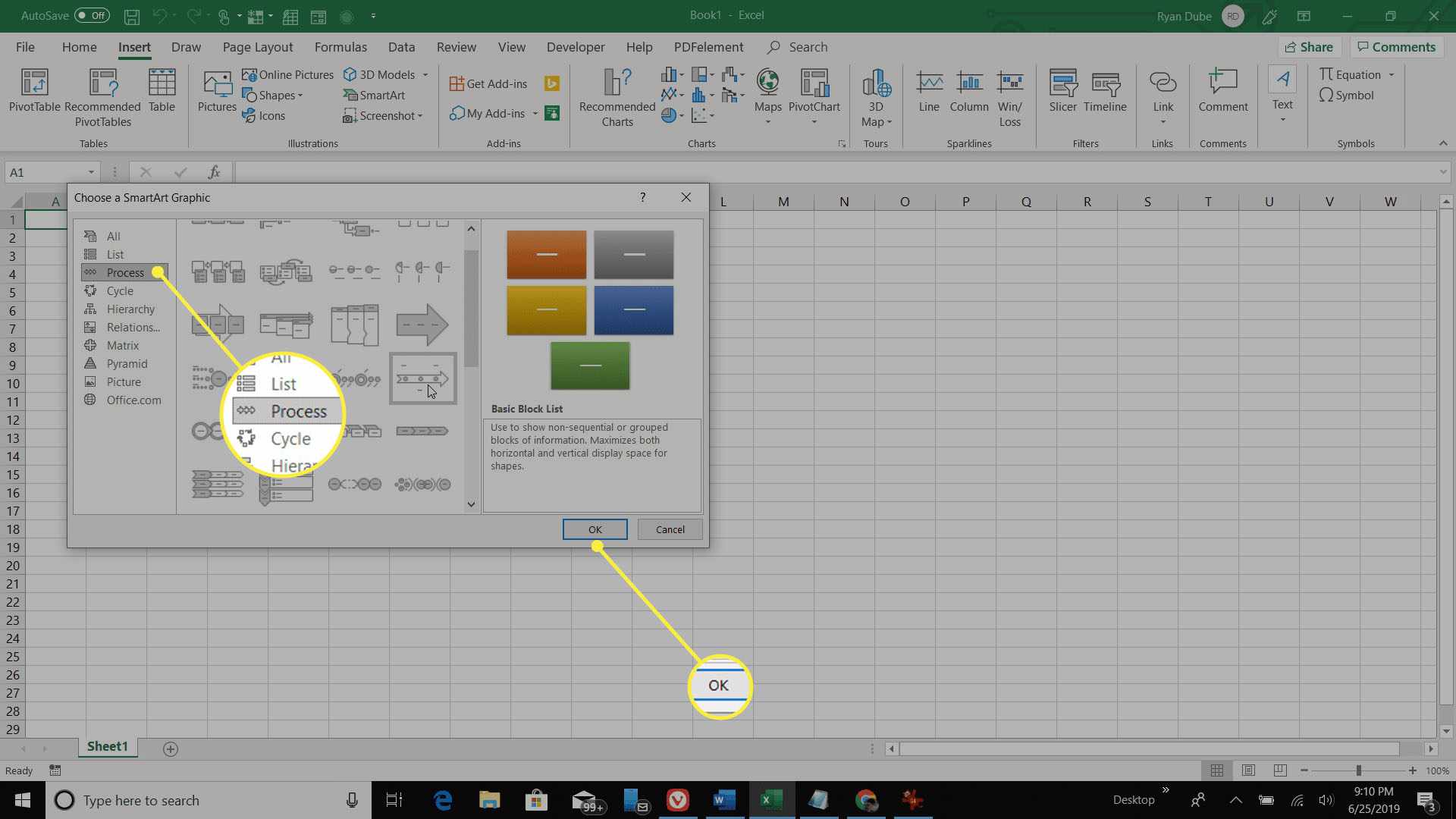 Výběr základní časové osy z aplikace Excel SmartGraphic