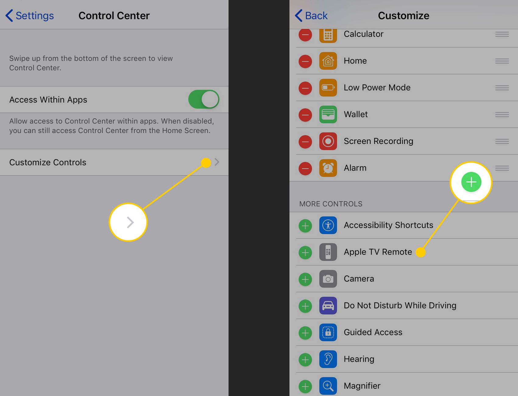 Upravte nastavení ovládacích prvků pro Control Center se zvýrazněnou možností Apple TV Remote
