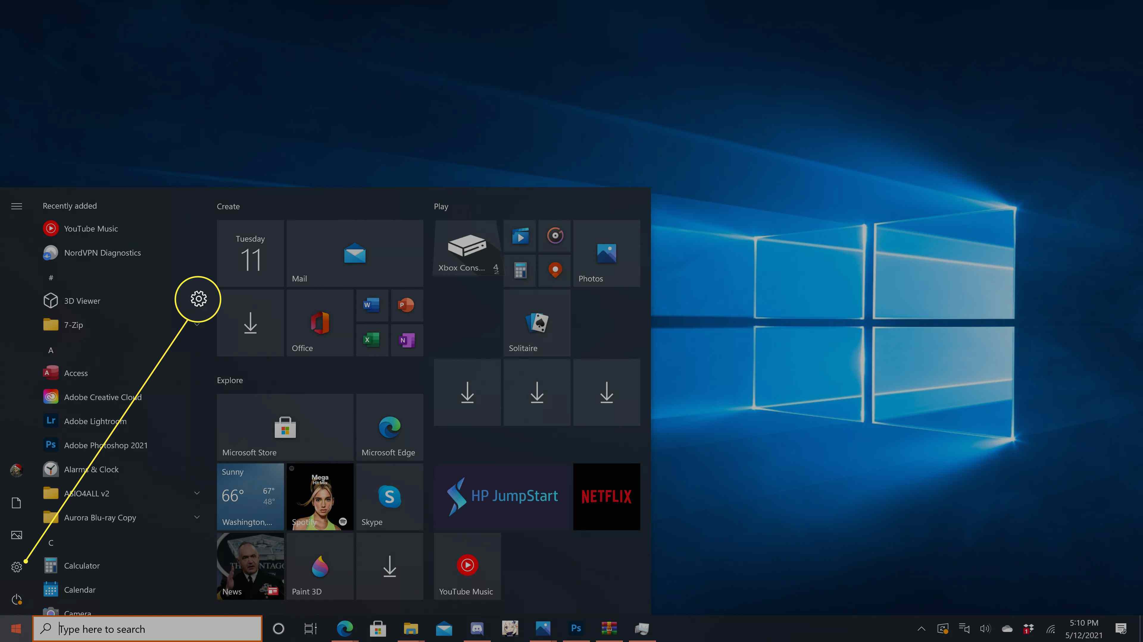 Ikona ozubeného kola zvýrazněná v nabídce Start systému Windows 10.