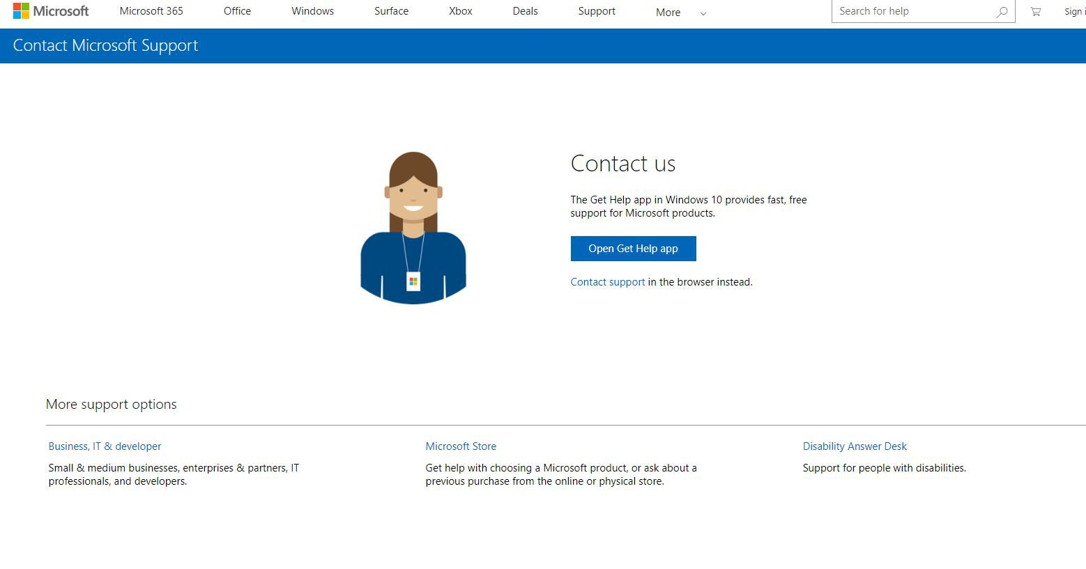 Tlačítko Otevřít aplikaci Nápověda na stránce Kontaktovat podporu společnosti Microsoft