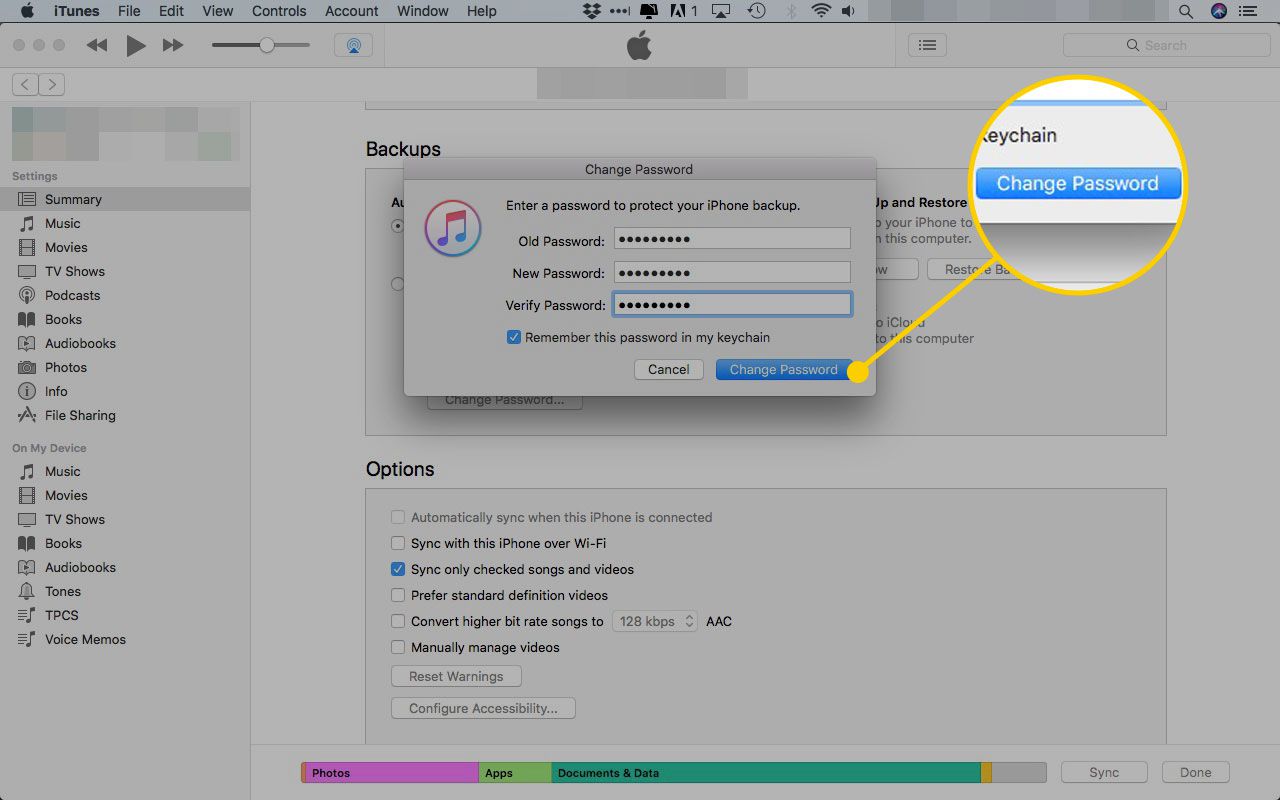 iTunes se zvýrazněným tlačítkem Změnit heslo